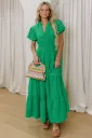 Bright Green Solid Colour V Neck Short Puff Sleeve High Waist Tiered Maxi Dress
