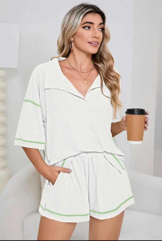 White Breathable Waffle Color Block Trim 2pcs Casual Short Set (W, S)