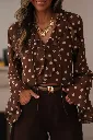 Coffee Polka Dot Print Ruffle Trim V Neck Long Bell Sleeve Blouse
